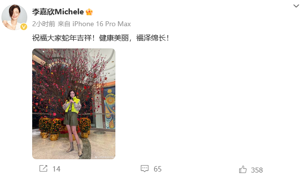 李嘉欣新年照曝光：桃花树下的长腿美人