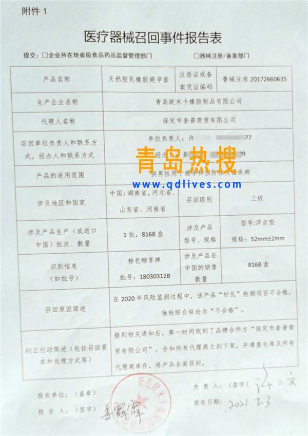 青岛欧米卡橡胶制品公司：避孕套不合格召回事件，惊！青岛企业避孕套因针孔检测不合格召回