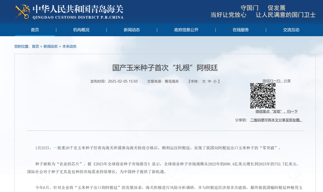 青岛海关助力，我国玉米种子出口阿根廷新跨越，我国玉米种子出口阿根廷实现零突破