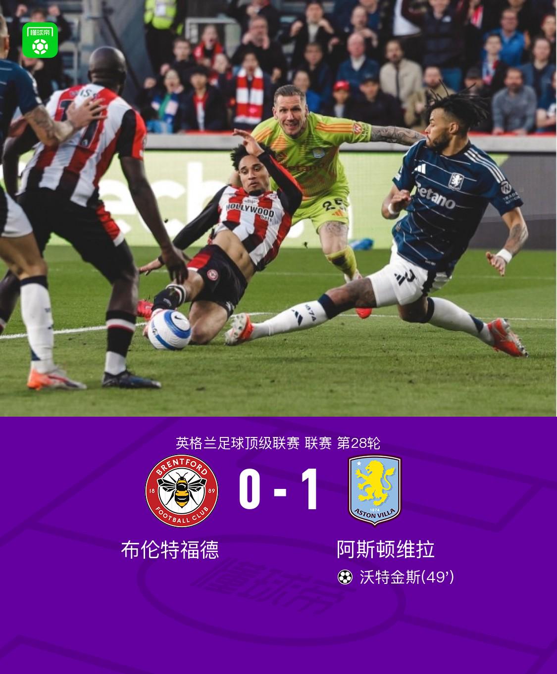 布伦特福德主场落败，阿斯顿维拉全取三分，英超第28轮：布伦特福德0 - 1阿斯顿维拉全记录