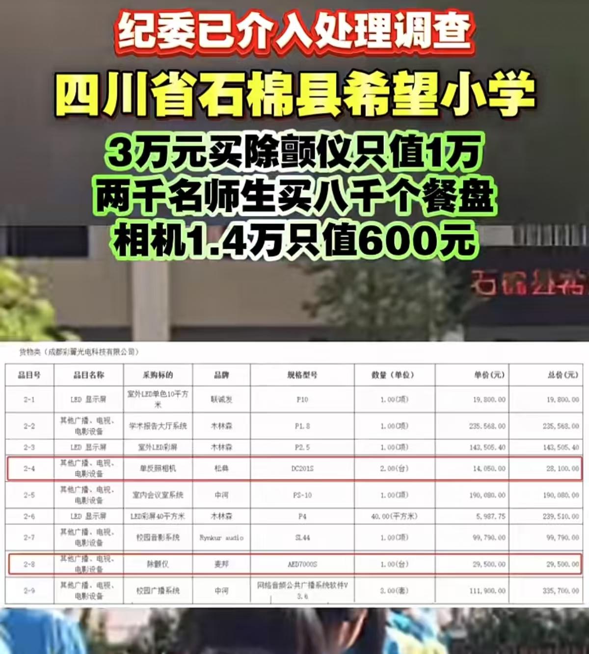 石棉多校采购价格存疑，急需彻查回应社会关切 石棉县希望小学采购乱象：高价设备谁来买单？