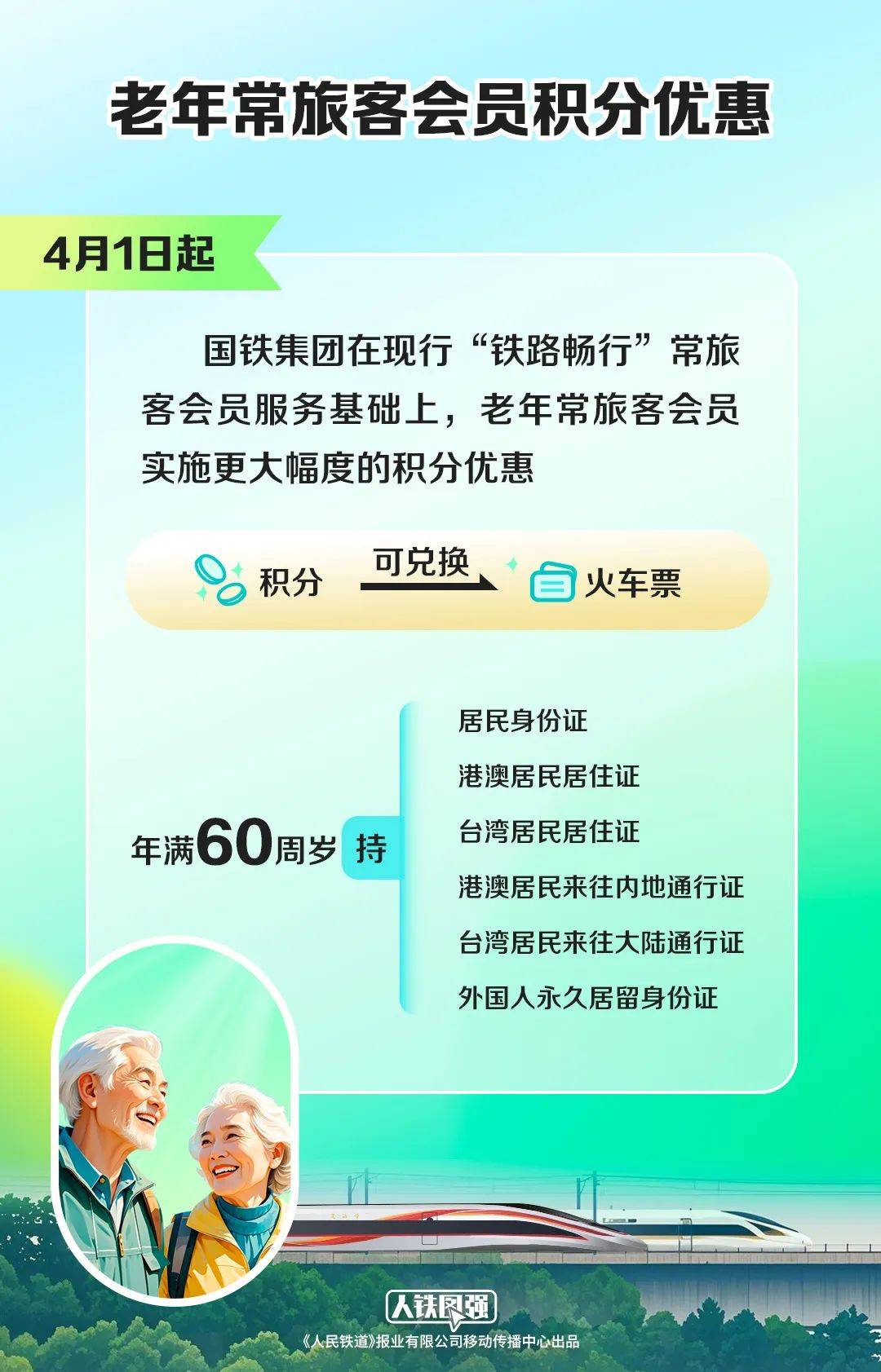 1. 4月1日起，国铁为老年常旅客送上积分优惠大礼！