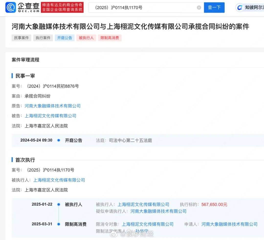 上海栩泥文化传媒涉承揽合同纠纷被限消，杨超越为股东引关注，杨超越持股公司频出状况：欠税又因承揽案被限消