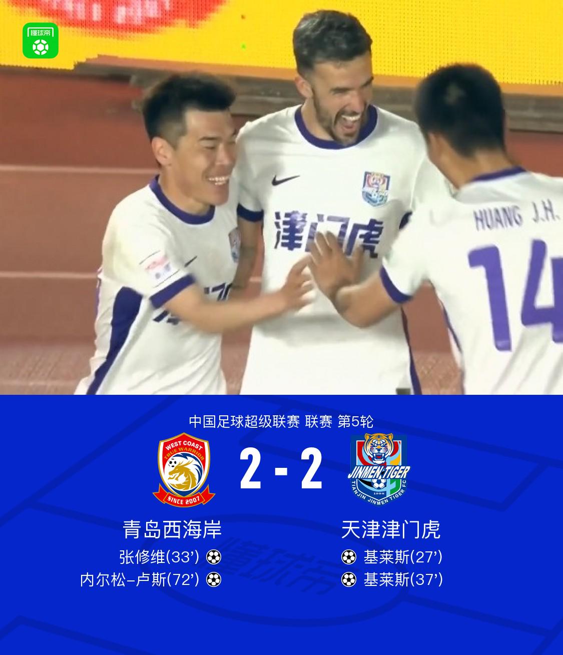 青岛西海岸主场迎战天津津门虎，最终两队2-2握手言欢