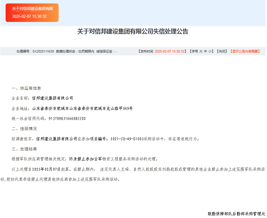 信邦建设集团频触红线，诚信经营之路在何方？，信邦建设集团：行政处罚与军队采购禁令下的困局